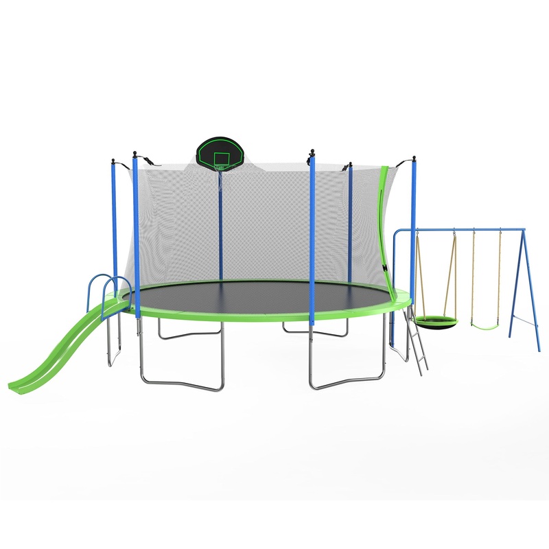 14Ft Trampoline With Slide And Swings, Astm Approved Large Recreational Trampoline With Basketball Hoop And Ladder, Outdoor Backyard Trampoline With Net, Capacity For Kids And Adults – Green / Blue