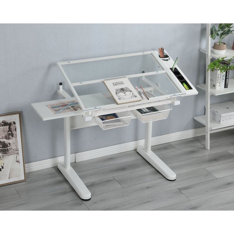 38.18 Hand Crank Adjustable Drafting Table Drawing Desk With 2 Metal Drawers With Stool