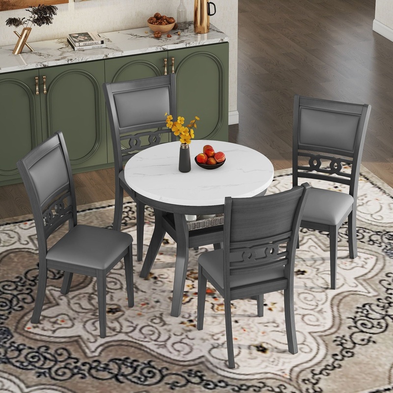 5 Piece Dining Round Table Set With One Faux Marble Top Dining Table And Four Pu-Leather Chairs – Gray