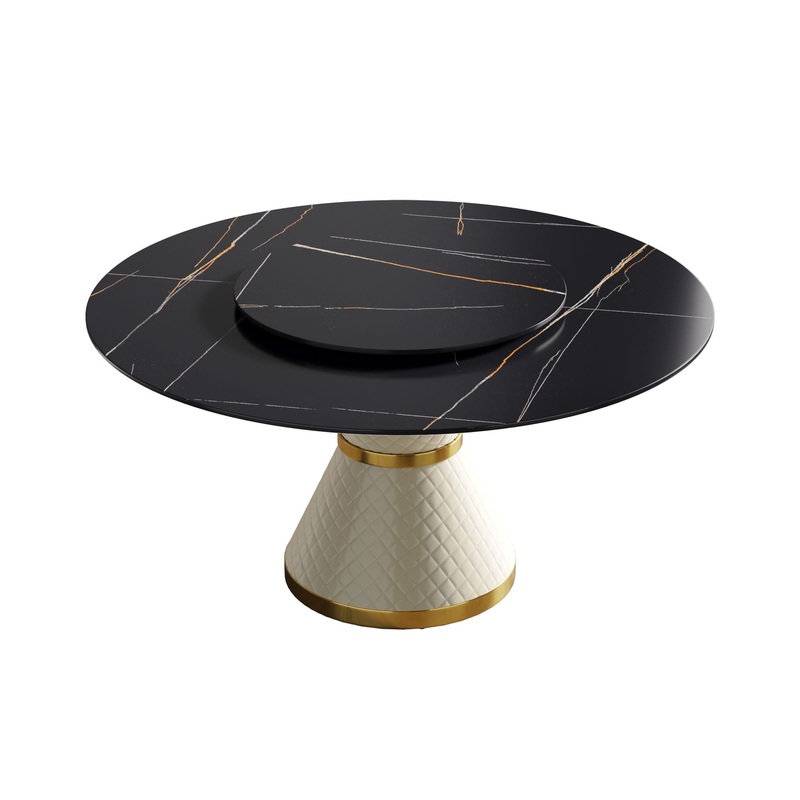 59.05 Modern Artificial Stone Round Carbon Steel Base Dining Table, Can Accommodate 6 People, Artificial Stone Turntable – White / Black