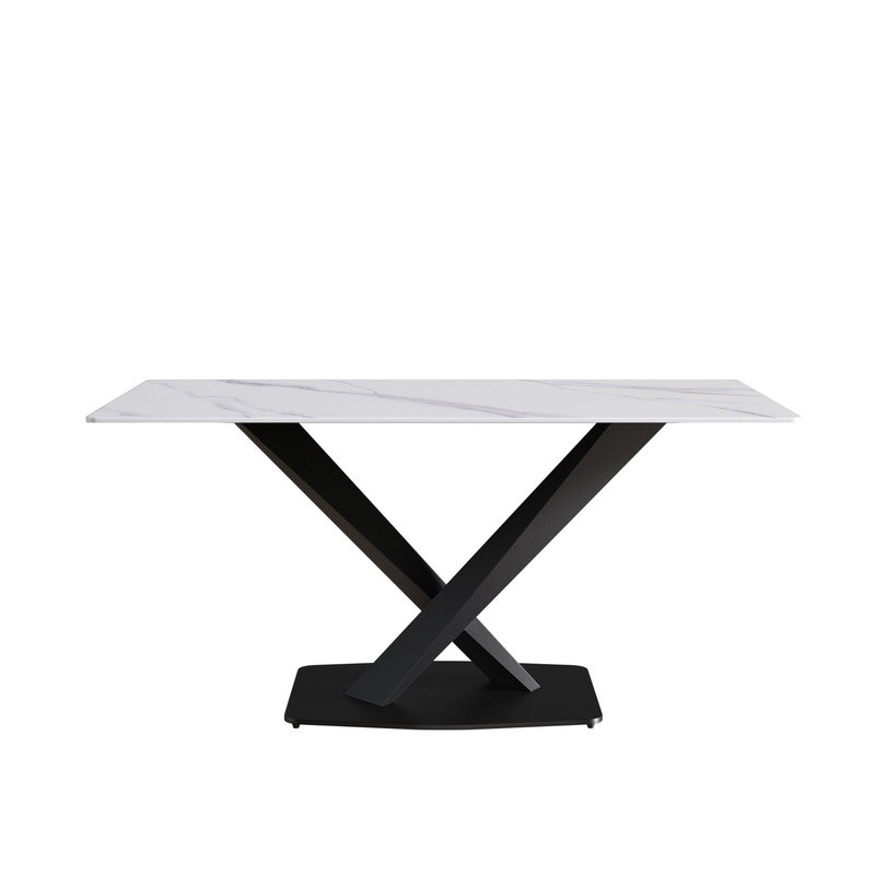 63 Modern Artificial Stone Straight Edge Metal X-Leg Dining Table, 6 People – White / Black