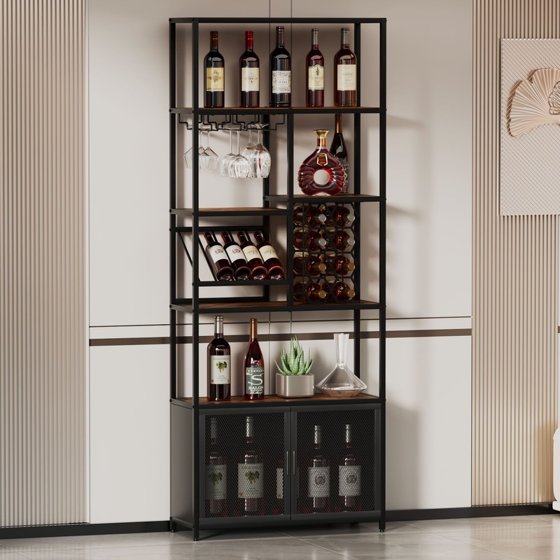 82.7 Industrial Standing Wine Rack With Glass Rack Tall Freestanding Floor Bar Cabinet – Walnut / Black