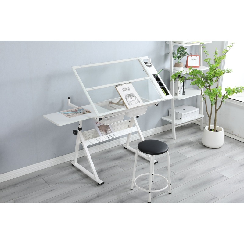Adjustable Tempered Glass Drafting Printing Table With Chair