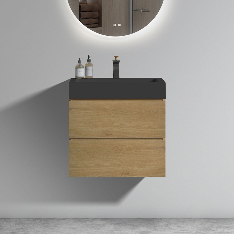 Alice – Natural Oak Bathroom Vanity With Sink, Large Storage Wall Mounted Floating Bathroom Vanity For Modern Bathroom, One-Piece Black Sink Basin Without Drain