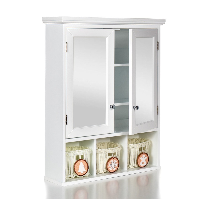 Bathroom Storage Cabinet, Medicine Cabinets For Bathroom With Mirror, 2 Doors 2 Adjustable Shelf & 3 Christmas Style Storage Basket – White