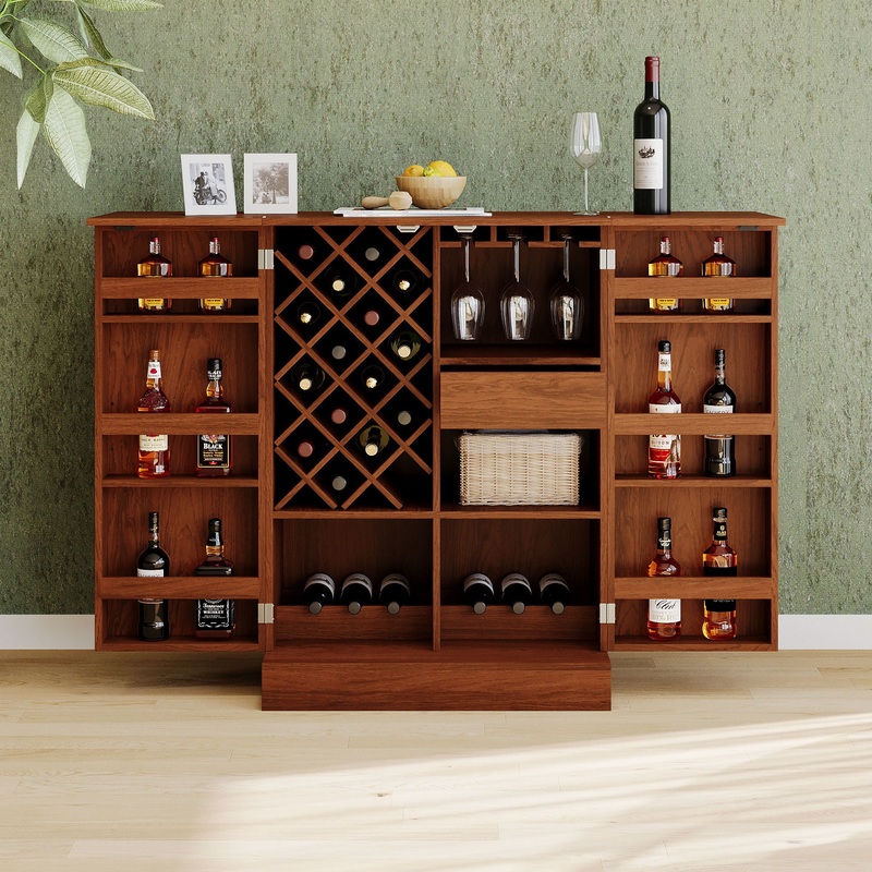 Home Bar Cabinet, Industrial Rattan Door Fold Out Bar Cabinet With Storage Bar Table – Walnut