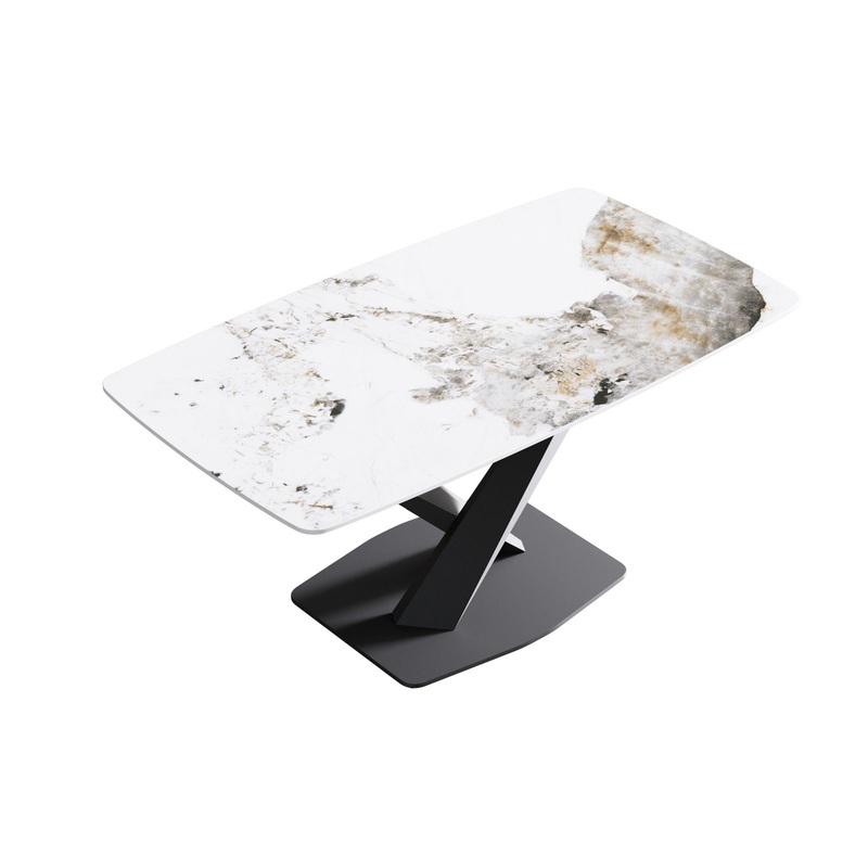 Modern Artificial Stone Pandora White Curved Metal Leg Dining Table, 6 People – Antique White