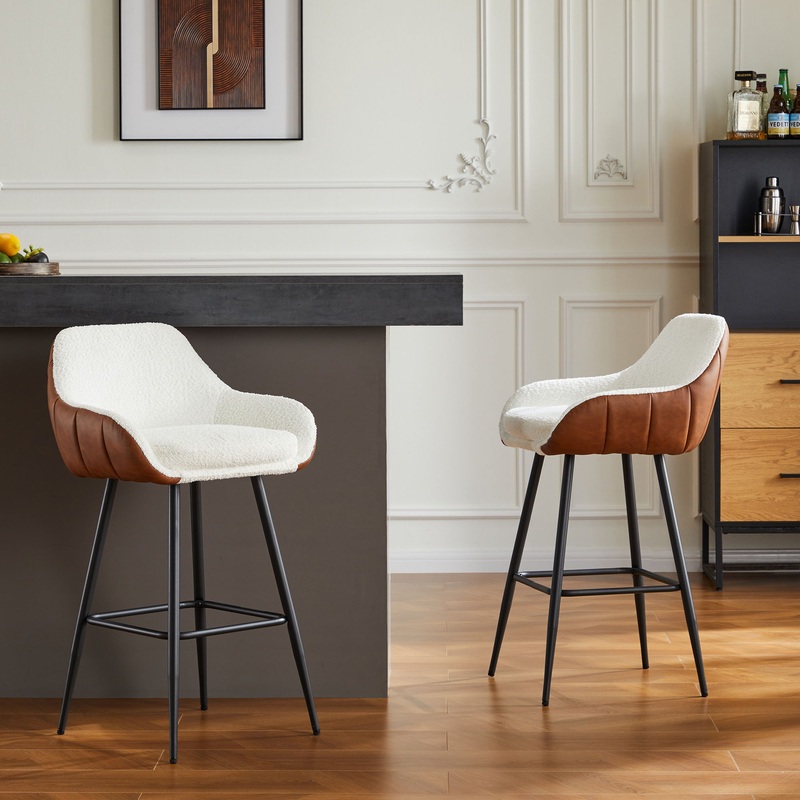 Modern Counter Height Bar Stools (Set of 2), Mid-Century Leather Upholstered Accent Arm Bar Stools, Leisure Side Chair With Metal Legs For Kitchen & Dining Room – Dark Brown / White