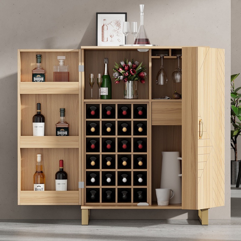 Modern Home Bar Cabinet Carved Wine Cabinet With Storage – Natural