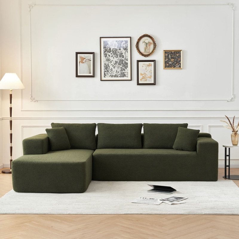 Sponge Sectional Sofa Couch For Living Room, L Shaped Modern Lamb Modular High Density Sponge Floor Sofa, Sherpa Fabric Sofa Couch With Chaise Lounge, Upholstered Corner Cloud Couch – Green