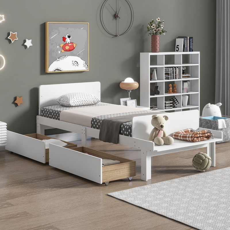 Twin Bed With Footboard Bench, 2 Drawers – White