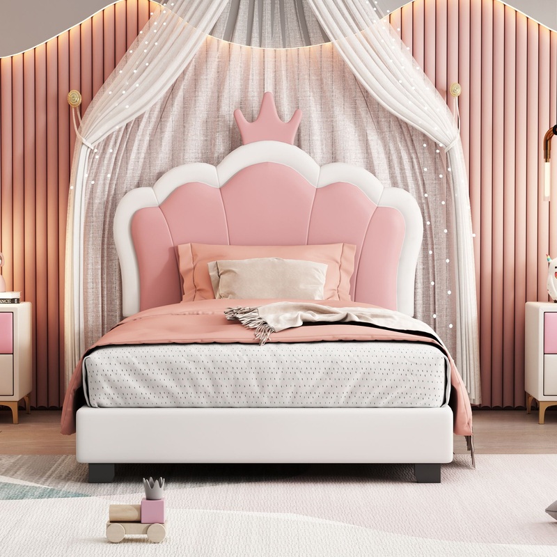 Twin Size Upholstered Princess Bed & Crown Headboard, Platform Bed With Headboard And Footboard – White / Pink