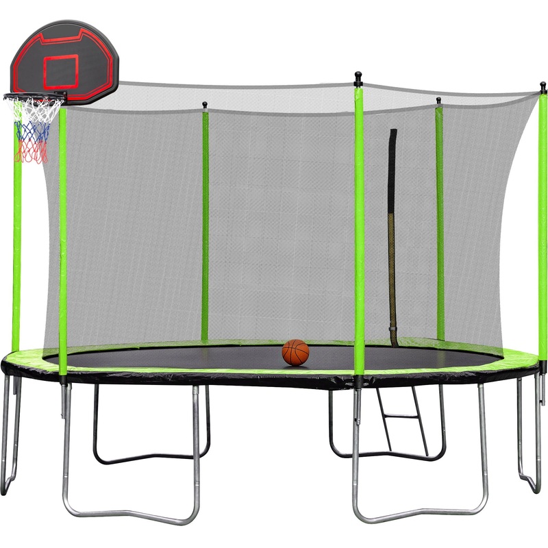 14Ft Trampoline With Basketball Hoop Inflator And Ladder (Inner Safety Enclosure) – Green
