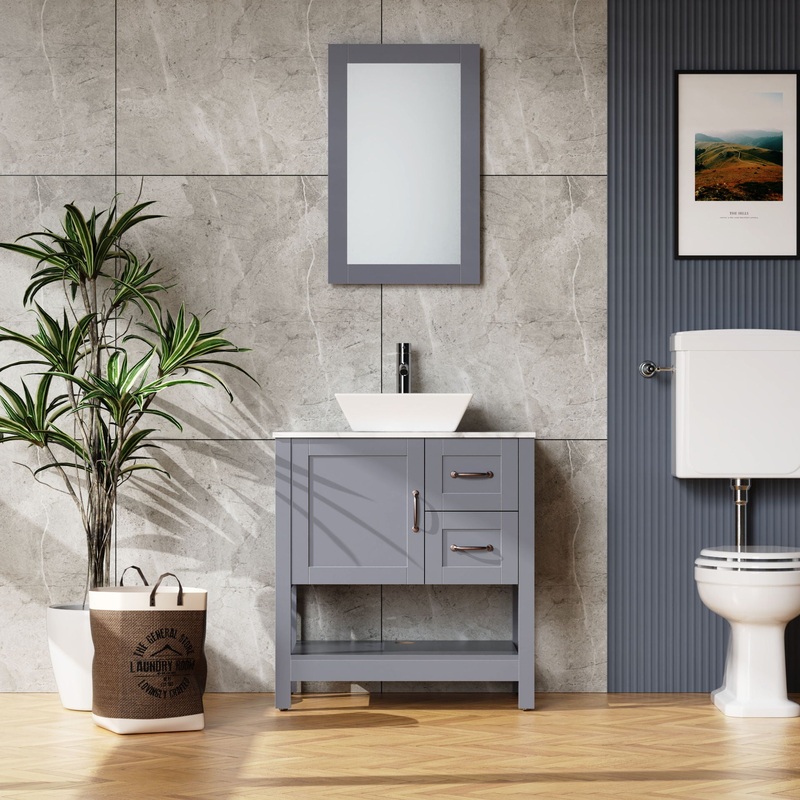 30 Gray Bathroom Vanity And Sink Combo Marble Pattern Top With Mirror Faucet & Drain – Gray