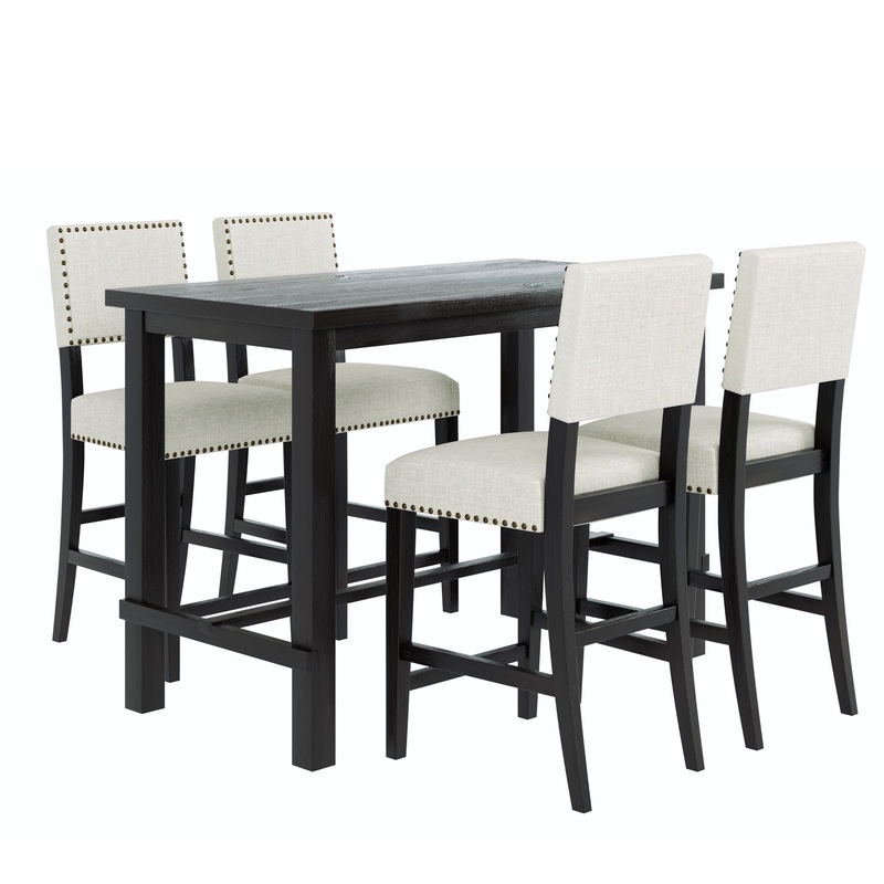 5 Piece Counter Height Dining Set, Classic Elegant Table And 4 Chairs – Espresso / Beige