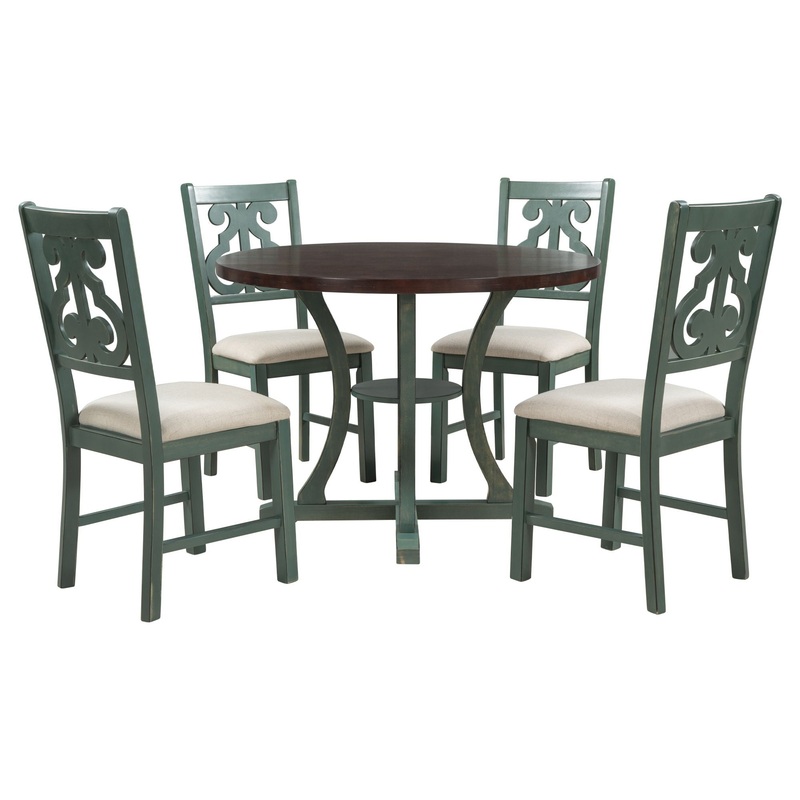 5 Piece Round Dining Table And Chair Set With Unique Legs And Hollow Chair Back
