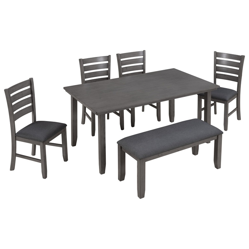 Dining Room Table And Chairs With Bench, Rustic Wood Dining Set (Set of 6) – Gray