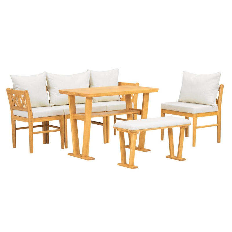 Farmhouse Solid Wood Dining Nook Set For 6, Space Saving High Top Corner Table With Bench & Chairs – Natural / White