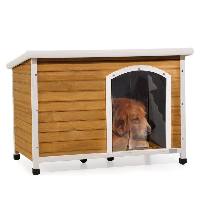 Large Wooden Outdoor Dog House, Waterproof Roof, Elevated Floor, Adjustable Plastic Feet – Yellow