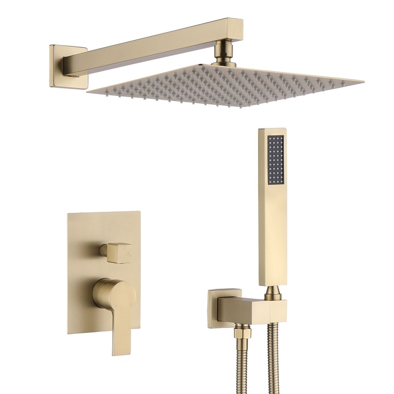 Luxury, 12 Ceiling Mount Shower System With Rain Mixer And Handheld Shower, Stainless Steel – Brushed Gold