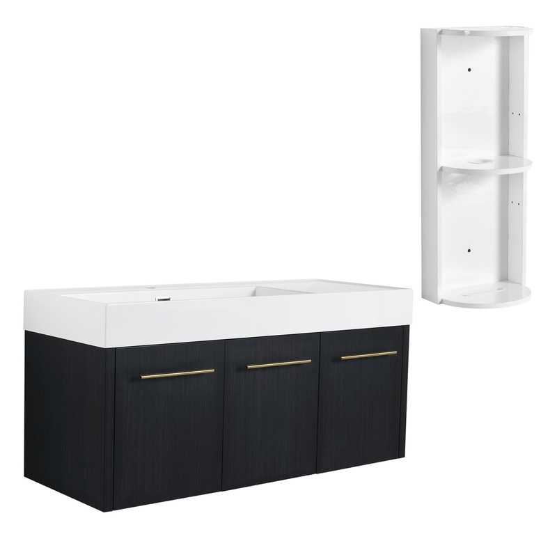 Modern Chestnut Wall Mounted Bathroom Vanity With Left Resin Sink And Storage Rack – Black Chestnut