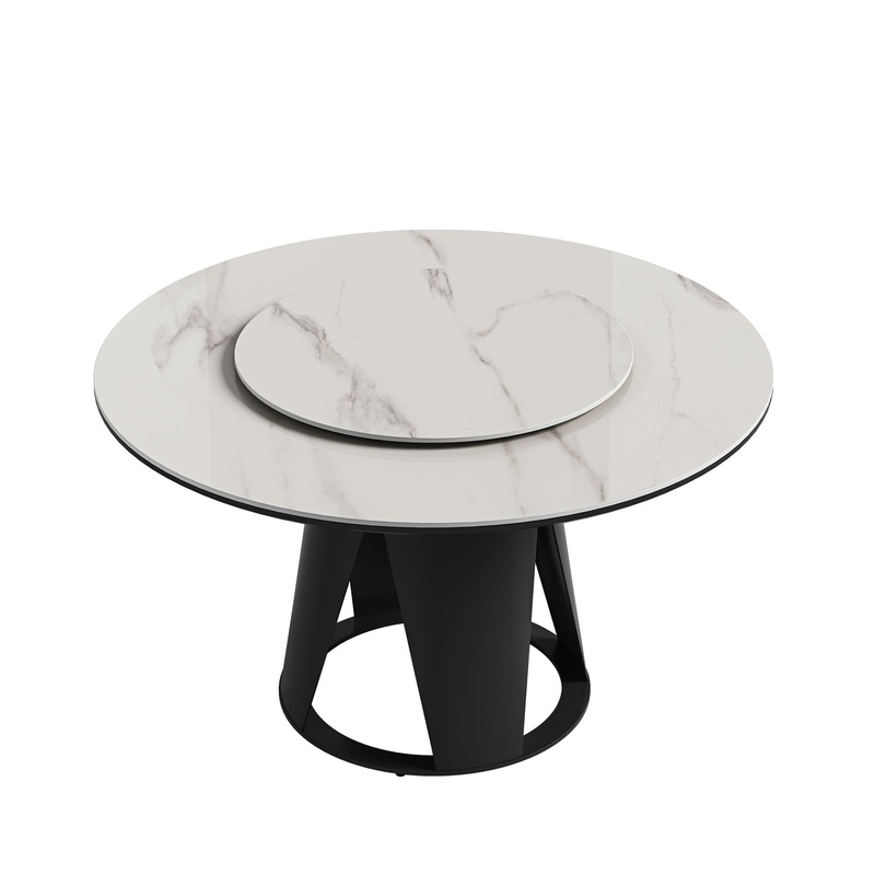 Modern Sintered Stone Dining Table With Round Turntable And Metal Pedestal – White