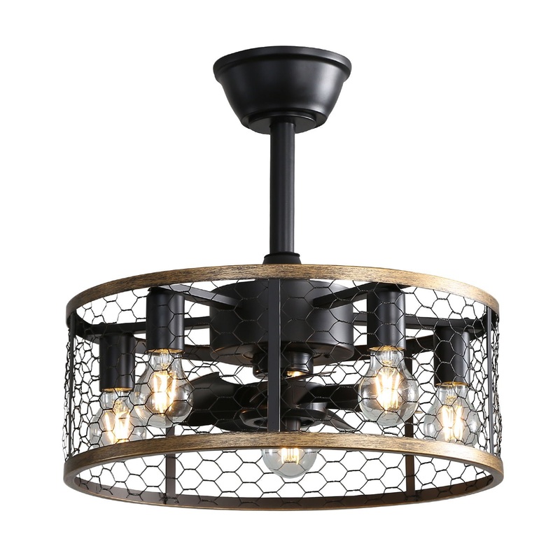 20 Industrial Caged Ceiling Fan With 7 – ABS Blades Remote Control, Small Ceiling Fan Reversible DC Motor – Black