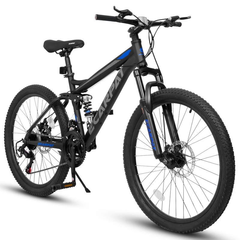 A2660 Mountain Bike 26 Wheels, 21 Speed Full Suspension Mens Womens Trail Commuter City Mountain Bike, Carbon Steel Frame Disc Brakes Thumb Shifter Front Fork Rear Shock Absorber Bicycles
