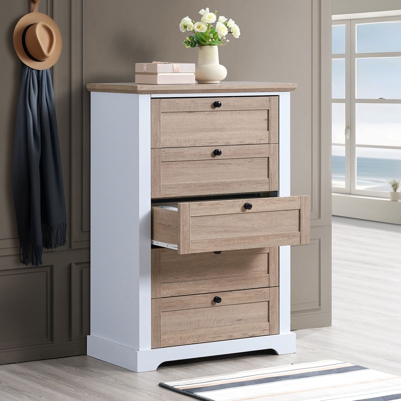 Autumn – 5 Drawer Chest With Interlock Drawer Feature Drawer Slide And Interlock Pre-Assembly, Drawer Chest For Closet Tall Dressers For Bedroom Clothes Organizer Tool Easy Assembly – White Oak