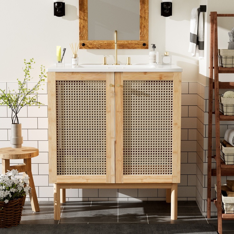 Bathroom Vanity Crafted From Natural Materials, Featuring Handmade Rattan Doors And Soft-Closing Mechanisms – Light Brown