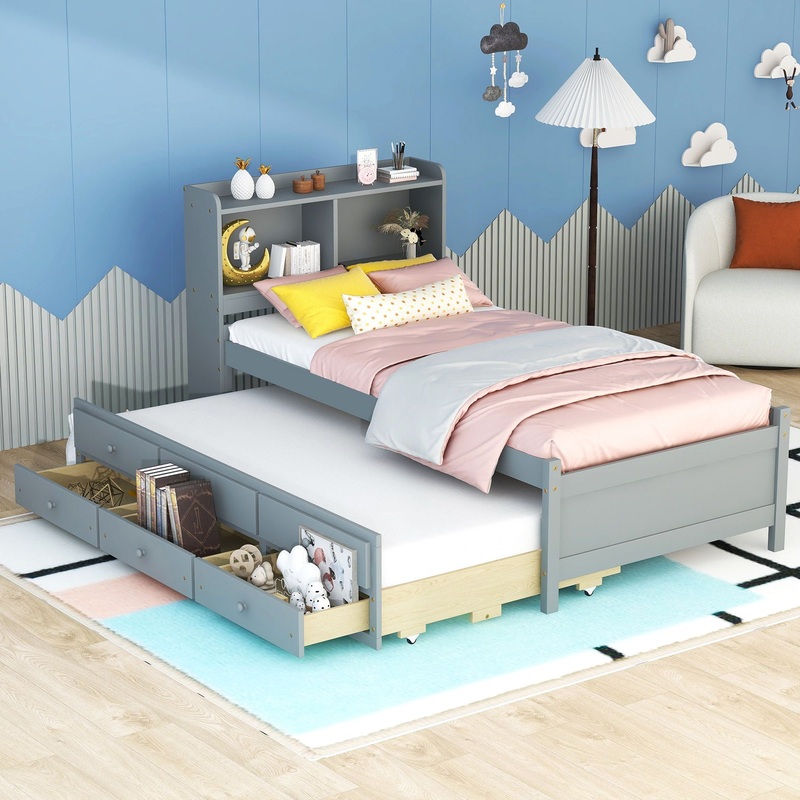 Bed With Built-In USB, Type-C Ports, LED Light, Bookcase Headboard, Trundle And 3 Storage Drawers, Bed With Bookcase Headboard, Trundle And Storage Drawers – Espresso