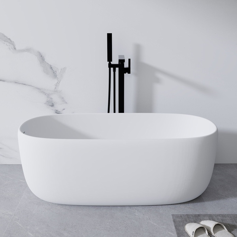 Freestanding Bathtub Resin Stone Soaking Bathtub Solid Surface Modern Tubs With Overflow And Pop-Up Drain – Matte White