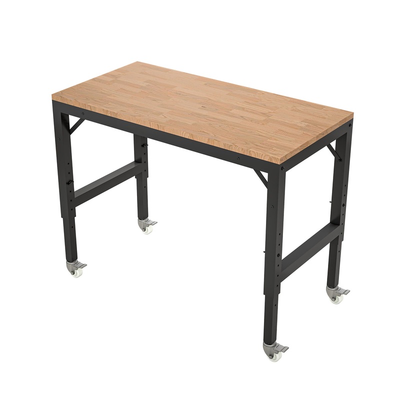 Heavy Duty Adjustable Workbench For Garage, Rubber Wood Shop Table WithMetal Wheels, Hardwood Workstation Weight Capacity Over 2000 Lbs With Wheels – Black
