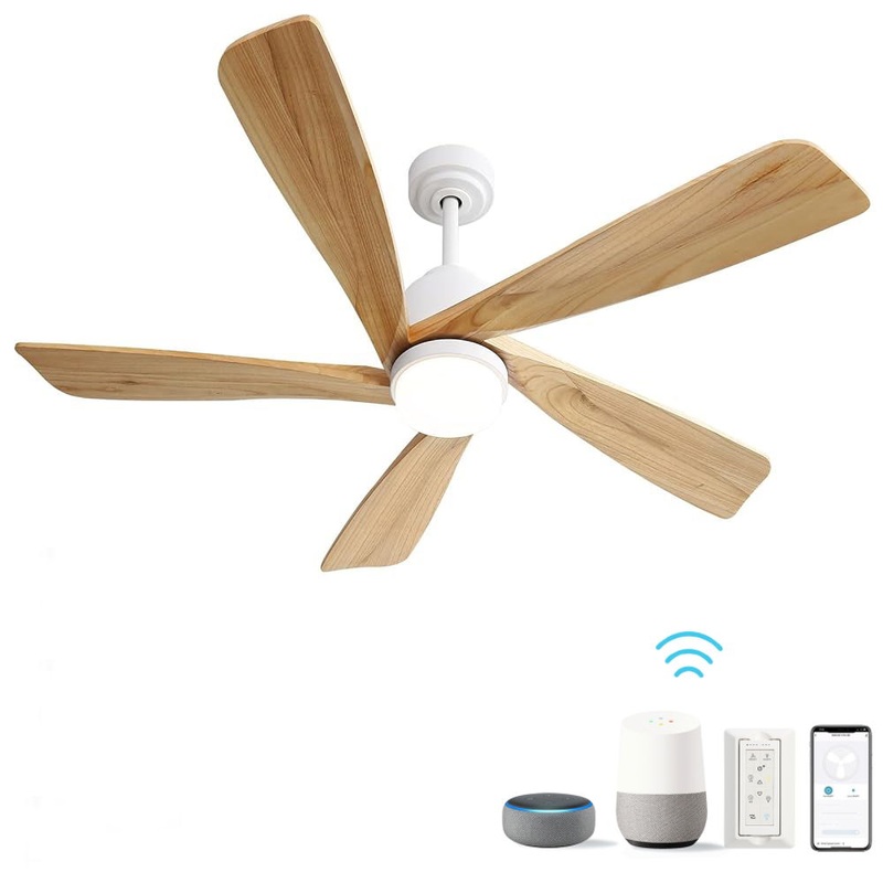 Indoor Ceiling Fan With Dimmable Led Light 5 Solid Wood Blades Remote Control Reversible Dc Motor With Smart App Control – White