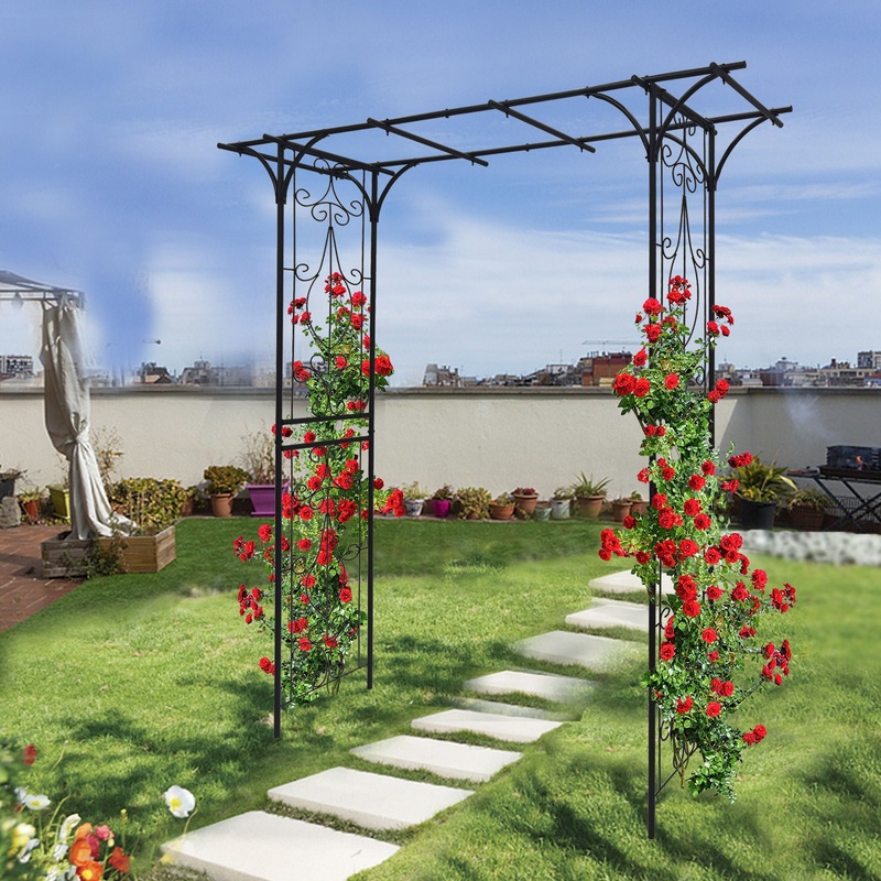 Metal Garden Arch Climbing Plants Support Rose Arch Outdoor – Black