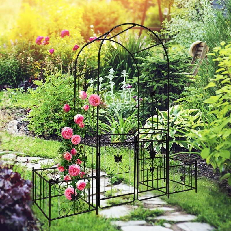 Metal Garden Arch With Gate High Climbing Plants Support Rose Arch Outdoor – Black