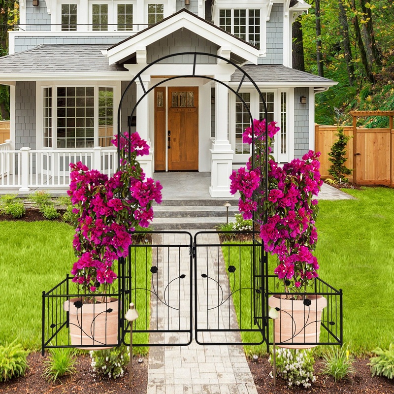 Metal Garden Arch With Gate Wide High Climbing Plants Support Rose Arch Outdoor – Black