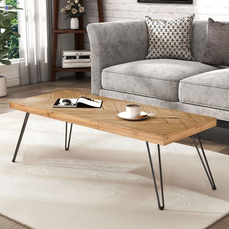 Modern Coffee Table Tea Table, Cocktail Table With With Chevron Pattern & Metal Hairpin Legs For Living Room – Natural
