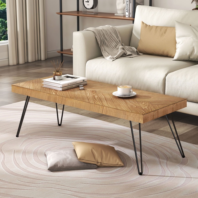 Modern Coffee Table Tea Table, Thicken Cocktail Table With With Chevron Pattern & Metal Hairpin Legs For Living Room – Natural