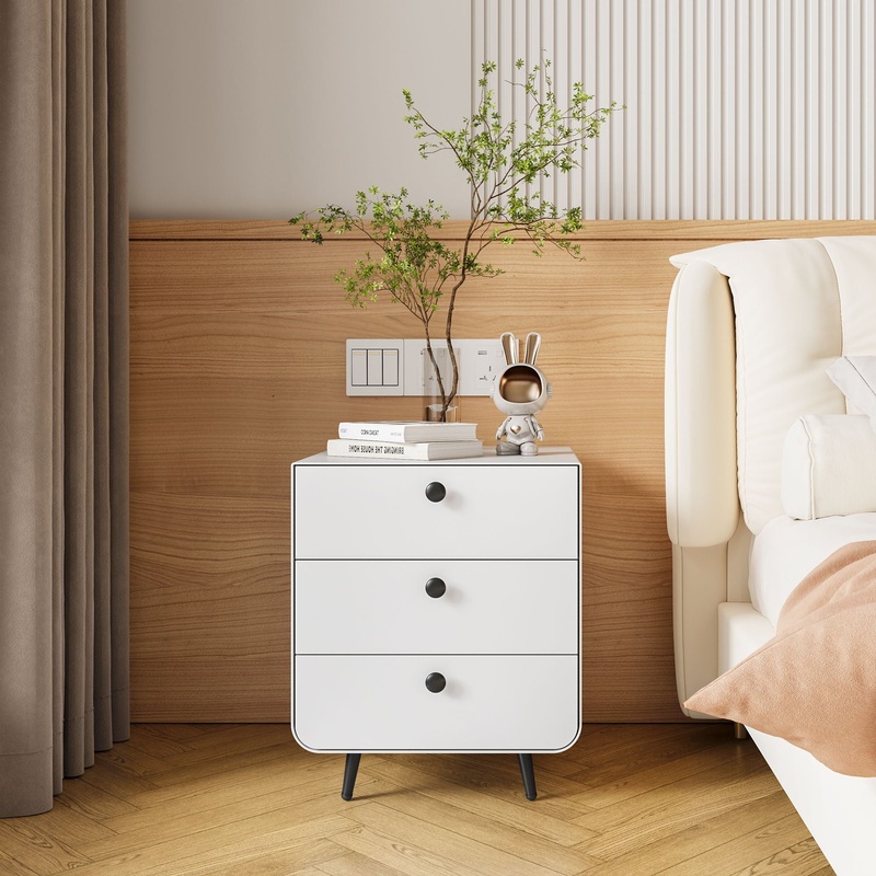 Modern Night Stand Storage Cabinet For Living Room Bedroom, Steel Cabinet With 3 Drawers, Bedside Furniture, Circular Handle – White