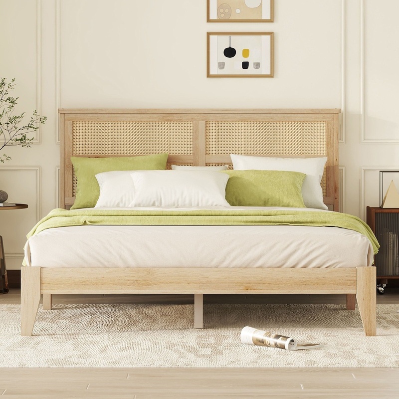 Queen Size Rubber Wooden, Solid Wooden Bed With Rattan Headboard, Enhanced By Support Feet – Natural
