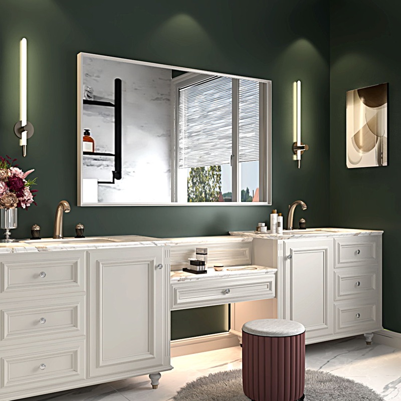 Rectangular Wall-Mounted Beveled Bathroom Mirror, Square Angle Metal Frame Wall Mounted Bathroom Mirrors For Wall (Horizontal & Vertical) – Glossy White