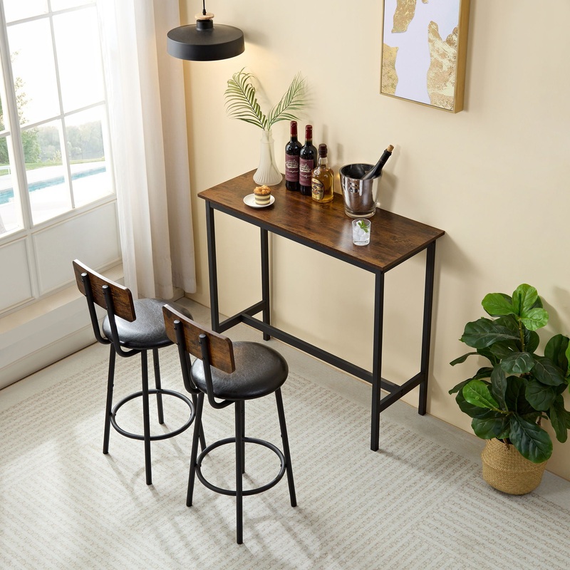 Soft Bag Bar Stool And Dining Table 3 Piece Set, Bar Chair With Backrest, Counter Bar Table, Small Square Table, Suitable For Kitchen – Antique Brown / Black