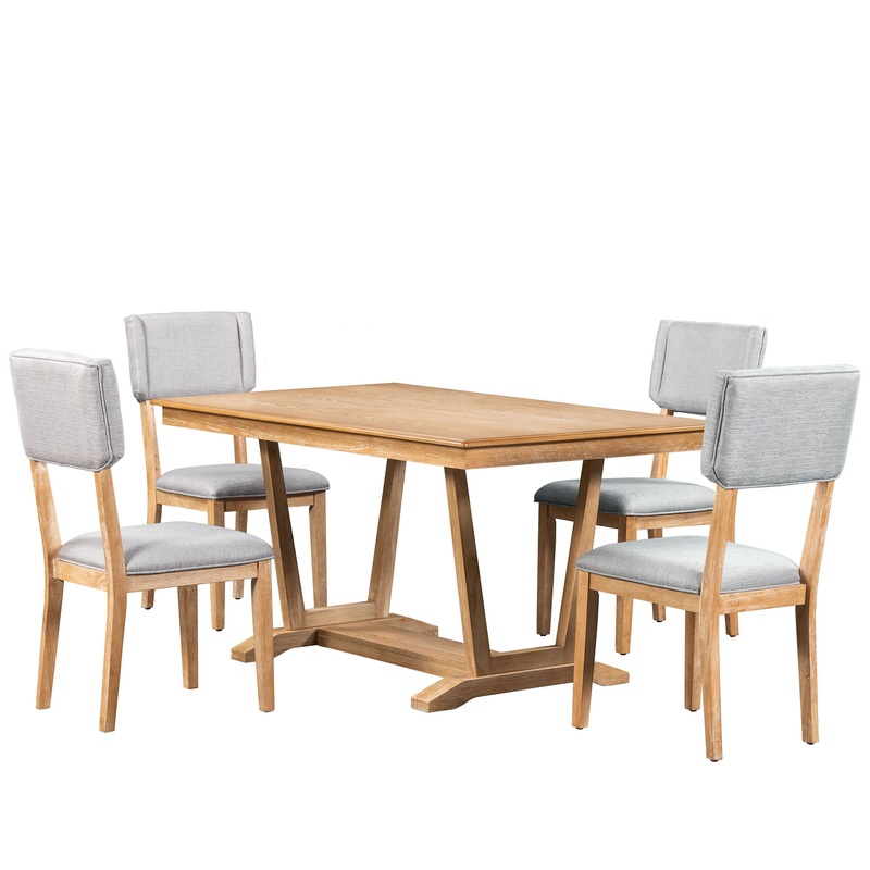 Topmax – 5 Piece Rustic Dining Table Set With 4 Upholstered Chairs, Rectangular Dining Table With Trestle Table Base
