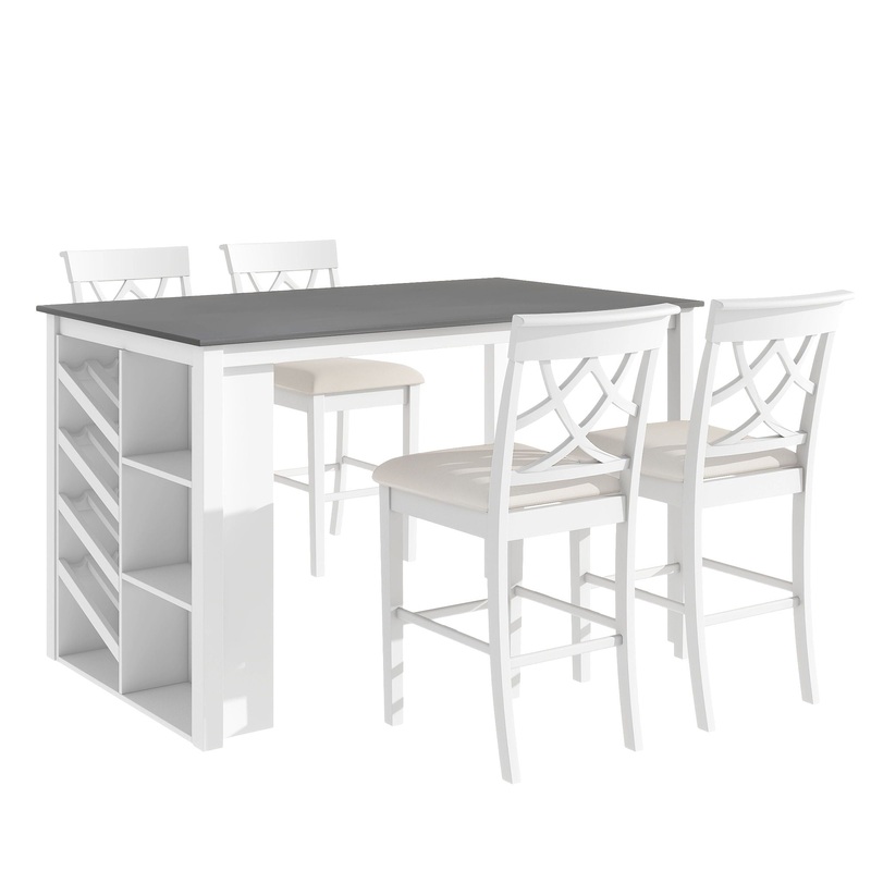 Topmax – 5 Piece Updated Counter Height Solid Wood Dining Table Set, Table With Curved Wine Rack And 4 Upholstered Chairs