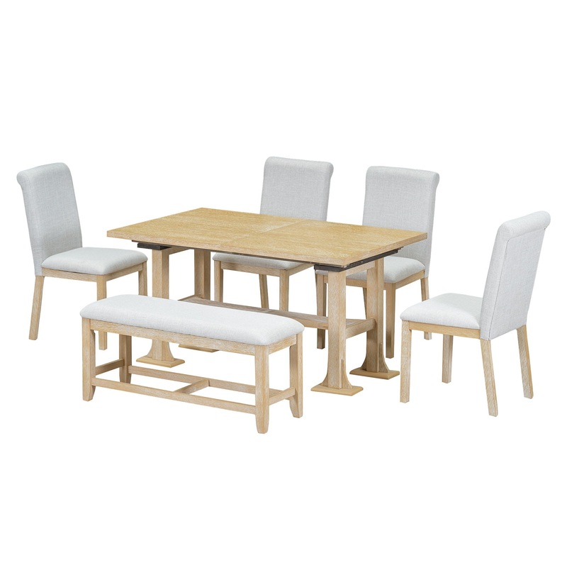Topmax – 6 Piece Farmhouse Extendable Dining Table Set Trestle Kitchen Table Set With Removable Leaf And Upholstered Dining Chair And Bench For Dining Room