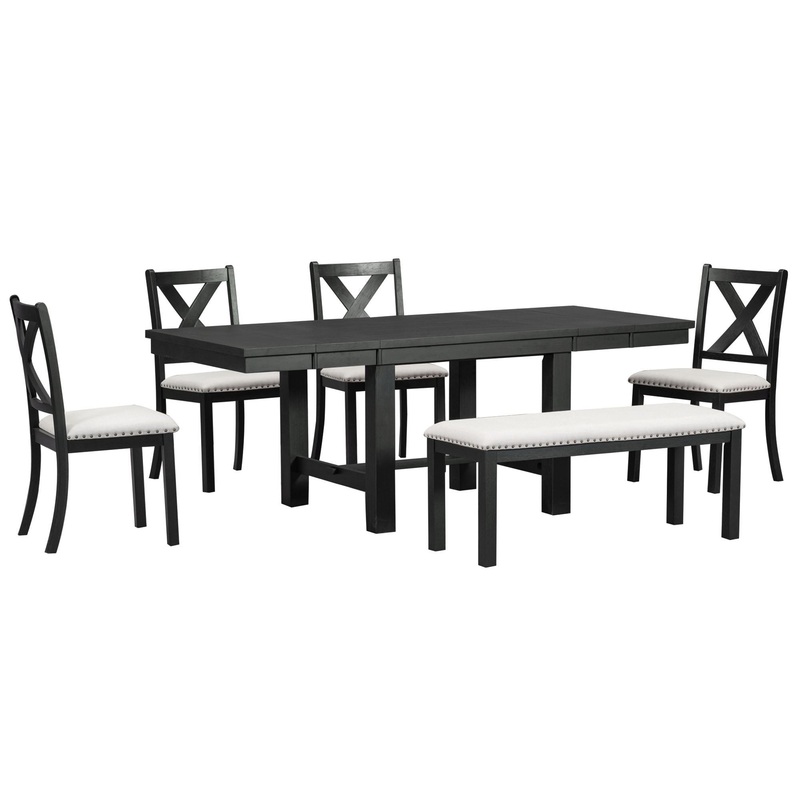 Topmax – 6 Piece Farmhouse Extendable Dining Table With Footrest, 4 Upholstered Dining Chairs And Dining Bench, Two 11 Removable Leaf