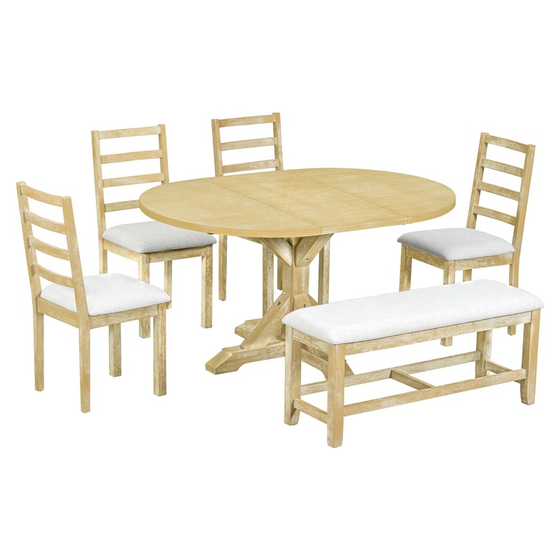 Topmax – 6 Piece Farmhouse Extendable Pedestal Dining Table Set With 18Inch Removable Leaf, Bench And 4 Ladder Back Dining Chairs