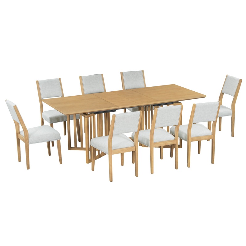Topmax – 9 Piece Farmhouse Extendable Dining Table Set With 2 Removable Leaves And 8 Upholstered Dining Chairs