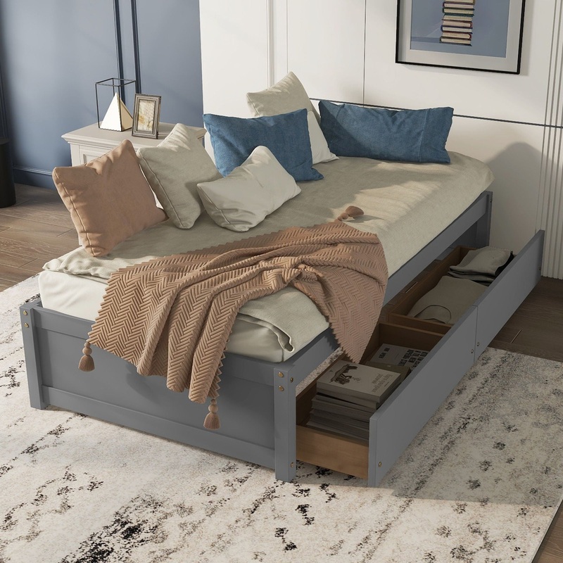 Twin Bed With 2 Drawers, No Box Spring Needed – Gray